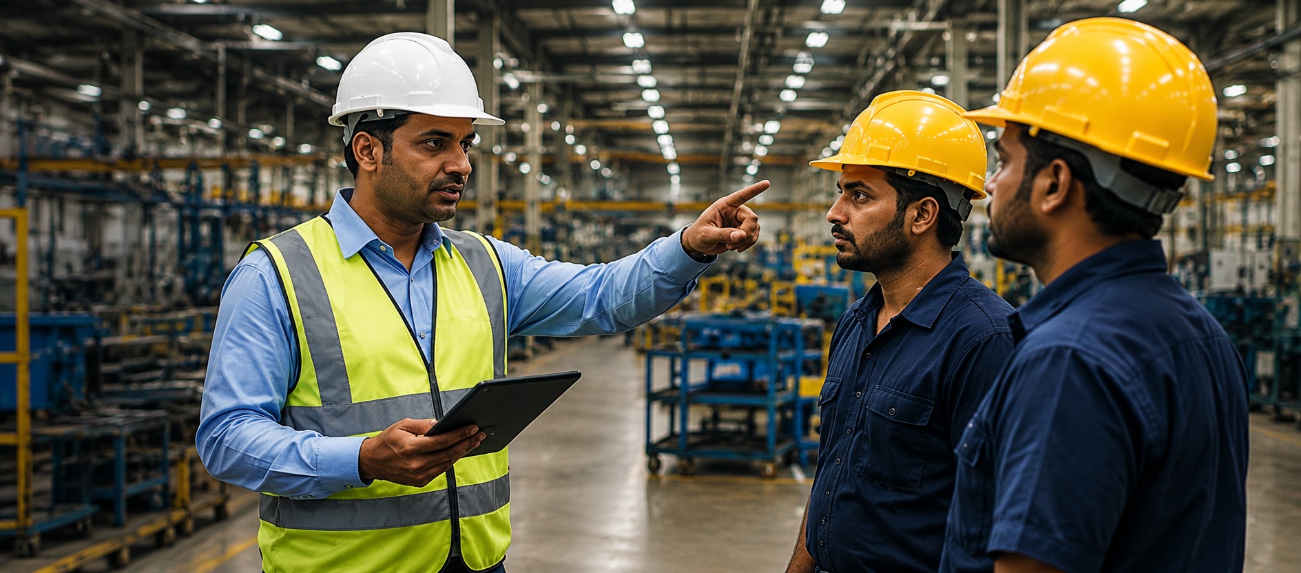 Industrial supervisor coordinating with a workforce